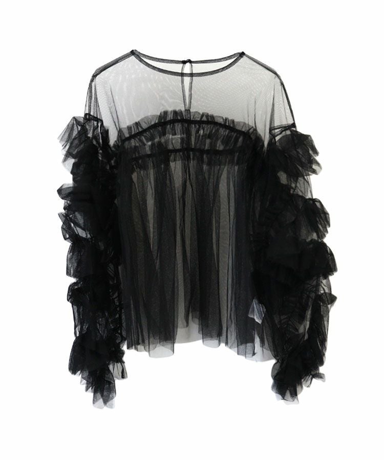 【新品タグ付き】ANDRESD／チュールレース ギャザー ブラウス／ブラック／Ｆ decorative tulle tops