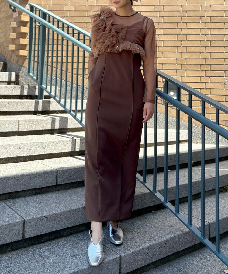 美品✨アンドレスド　パールビスチェドレス　茶色　ブラウン　パーティードレス pearl bustier dress