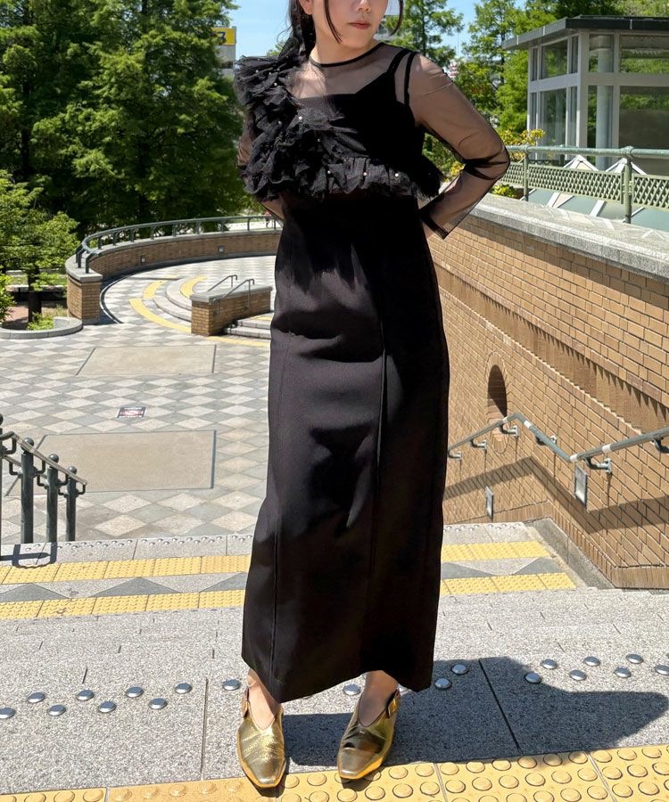 ANDRESD黒のパール付ロングワンピース pearl bustier dress