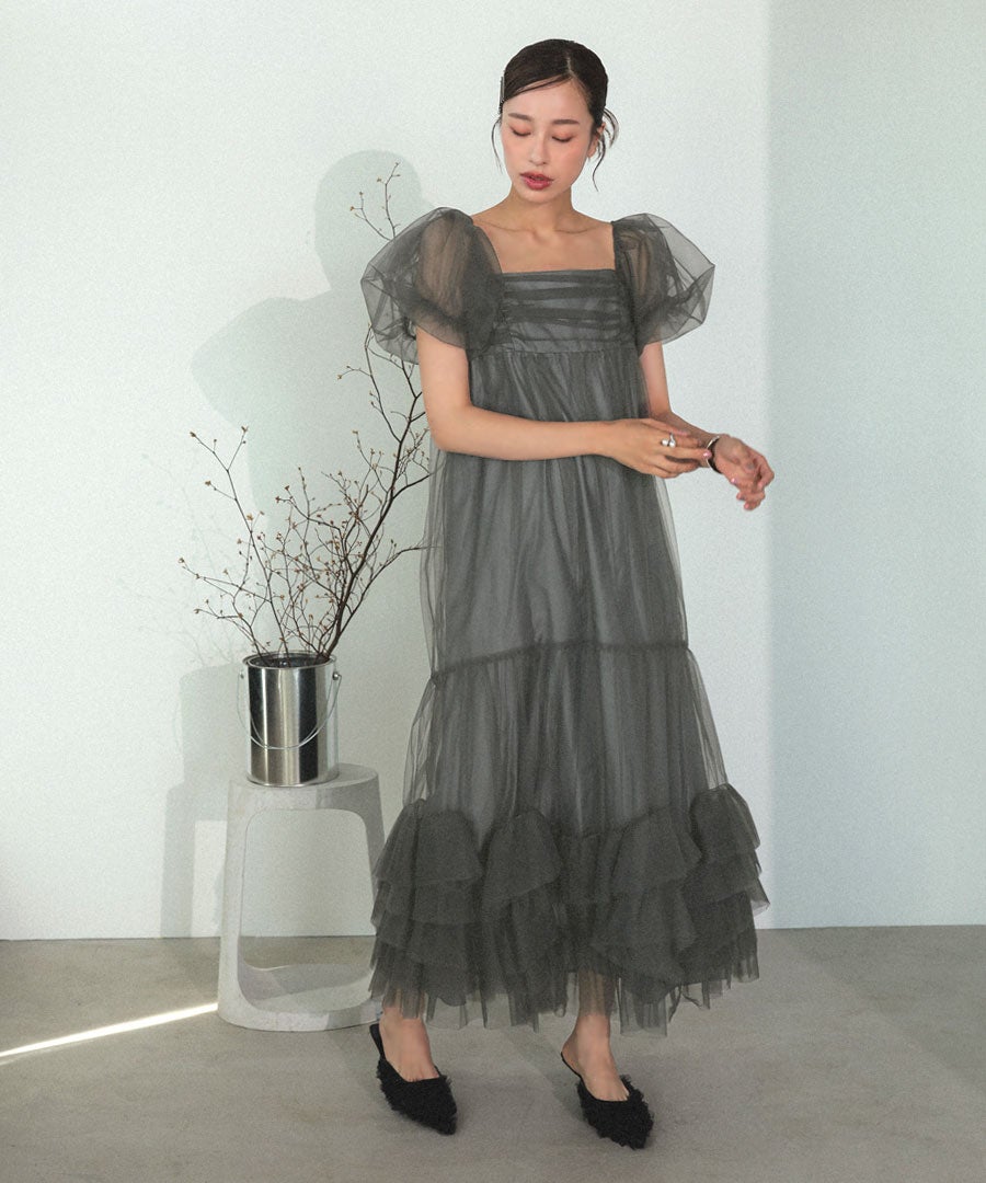 volume tulle puff sleeve dress