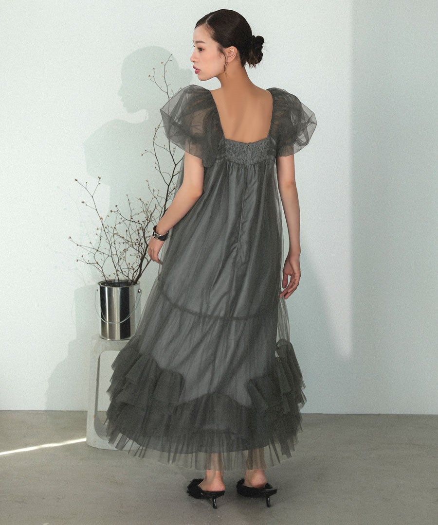 volume tulle puff sleeve dress