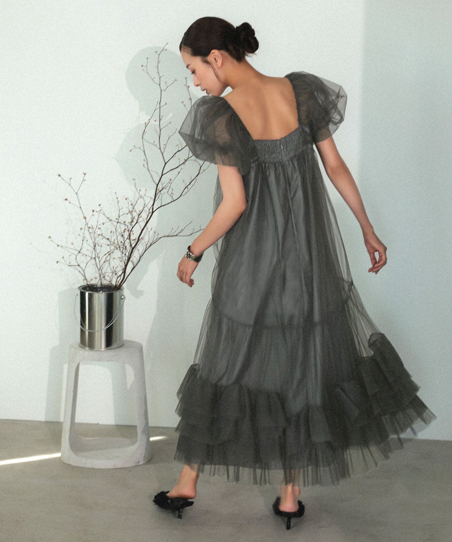 volume tulle puff sleeve dress