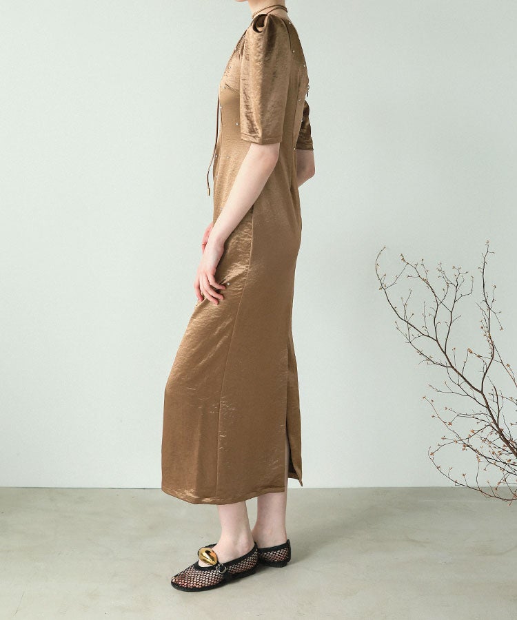 【新品】BOCHERONボチェロン　ワンショルダー サテンロングドレス ベージュ pearl glow satin dress